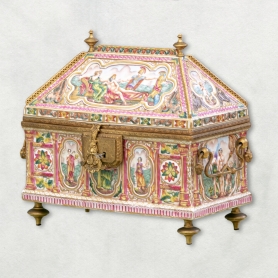 An elaborately decorated and designed circa 19th century exceptional Crown Naples Capodimonte porcelain jewelry casket. | BRG