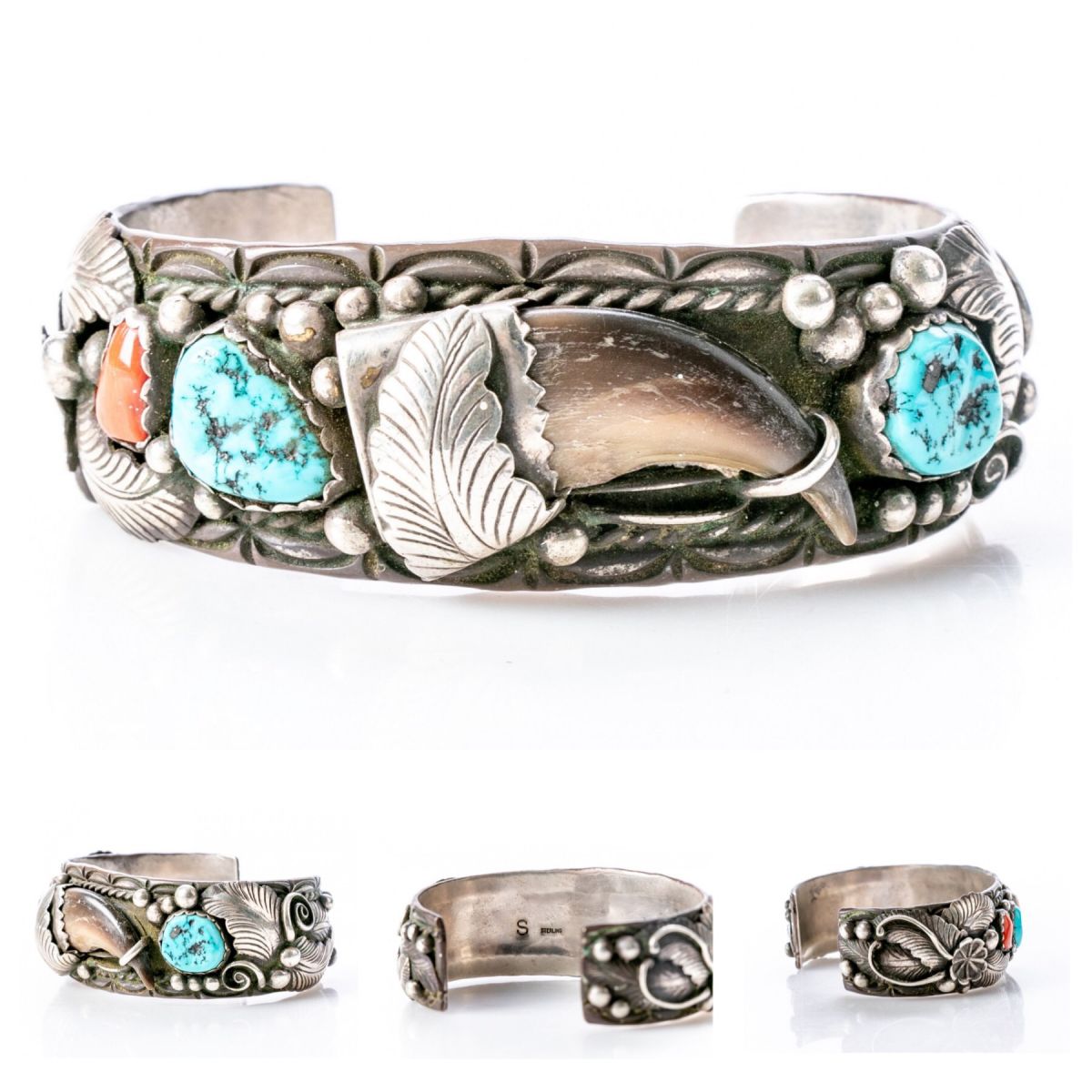 Navajo Cuff Bracelet with Turquoise, Coral, & Bear Claw