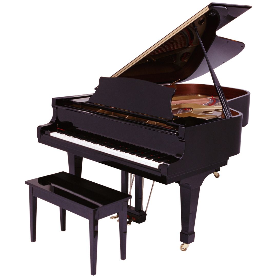 A baby grand piano in a shiny black finish and open lid exposing the inside of the instrument.