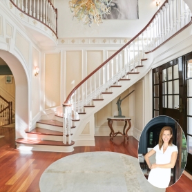 A grand foyer entryway with sweeping staircase and glass sculpture chandelier by designer Lori Feldman (inset) | BRG