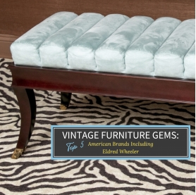 A Baker Furniture bench with light blue ultra-suede upholstered seat is positioned on a black and white zebra print area rug | BRG