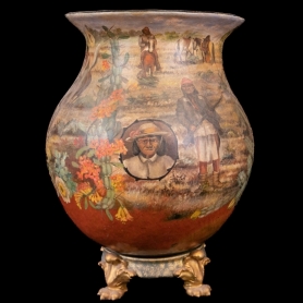 Extremely rare Laurette Lovell Francis (American, 1867-1936) painted clay olla. Having a flared rim narrowing at the neck before becoming bulbous at the base. Intricately painted on all sides with Native American and Western imagery including a central po | BRG