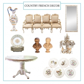 A variety of estate lots that can help achieve a French country style includes a porcelain pitcher, French dining chairs, mirror, pretty dishes, chandelier, and round pedestal table. | BRG