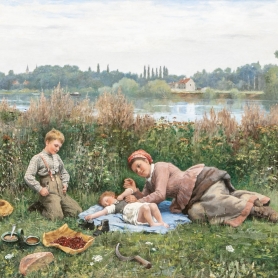 The family party consisting of mother, baby and a young boy are painted with fine level details and crisp brushstrokes leave the viewer gazing in wonder. Signed and inscribed Ridgway Knight / Paris to the lower right corner. | BRG