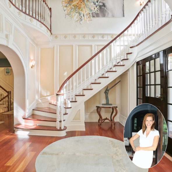 A grand foyer entryway with sweeping staircase and glass sculpture chandelier by designer Lori Feldman (inset) | BRG