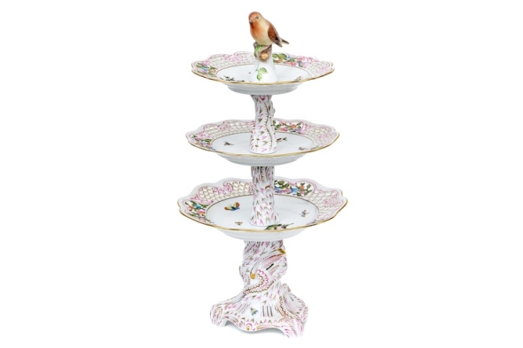 a rare and exceptional Herend Hungary Hand-Painted Porcelain Three-Tier Server in the Rothschild Bird Pattern | BRG
