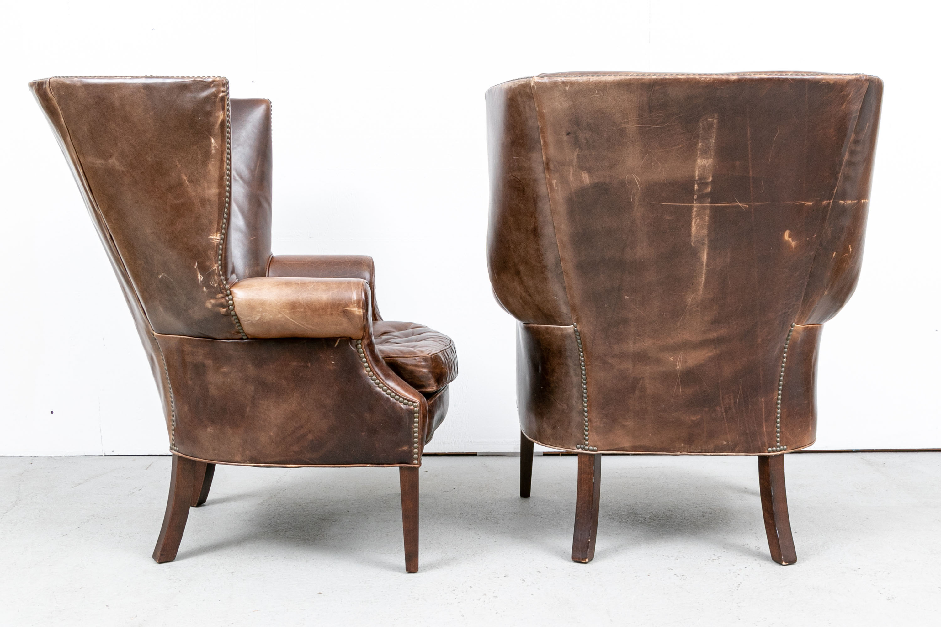 Pair Of Vintage Restoration Hardware Drake Leather Wingback Chairs 163695 Black Rock Galleries