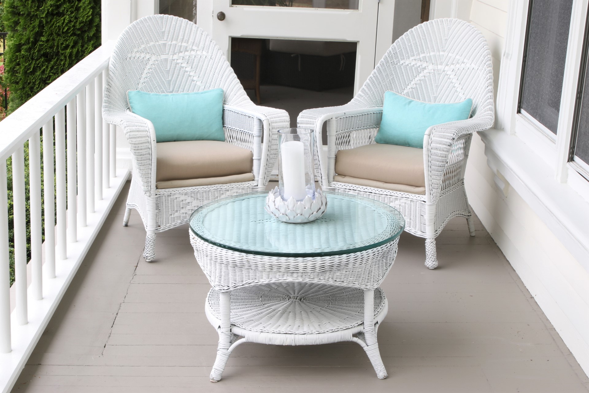 Pair Of Vintage White Wicker Arm Chairs, Cocktail Table ...