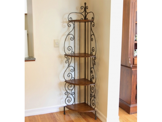 Dimunitive Wrought Iron Corner Shelf With Dark Stained 