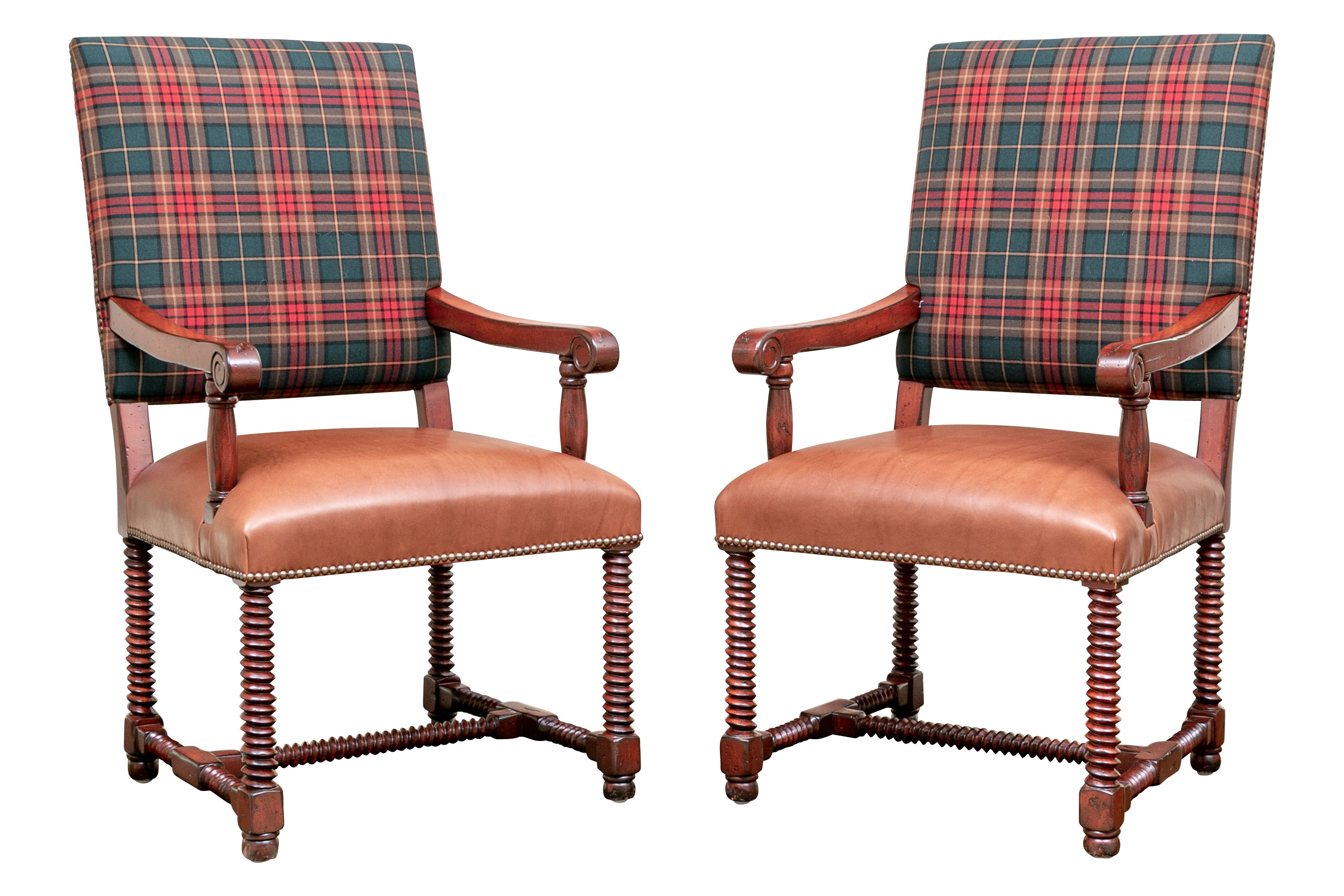 Pair Of Barley Twist Chairs In Ralph Lauren Plaid & Holly Hunt Leather  #159094 | Black Rock Galleries