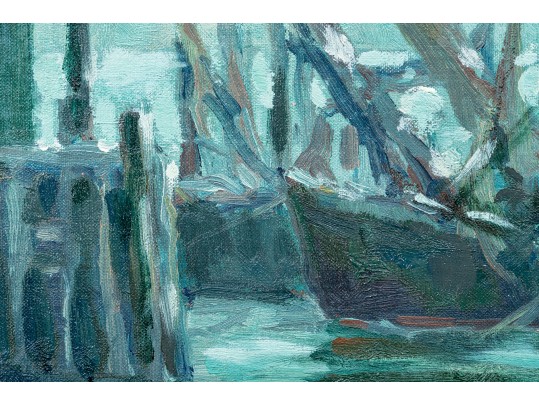 Arthur J. Laws (Am., 1894-1960, NY) Oil On Artist Board, Fishing Boats At Dock