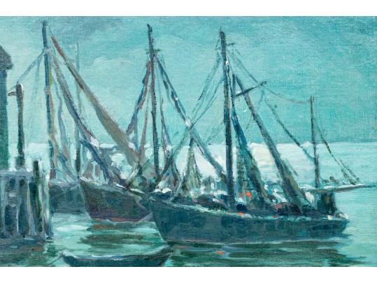 Arthur J. Laws (Am., 1894-1960, NY) Oil On Artist Board, Fishing Boats At Dock