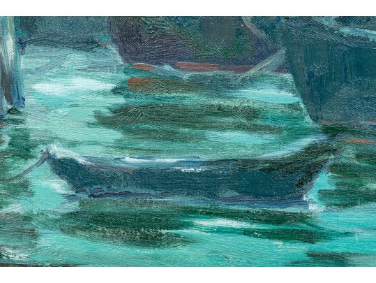 Arthur J. Laws (Am., 1894-1960, NY) Oil On Artist Board, Fishing Boats At Dock