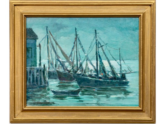 Arthur J. Laws (Am., 1894-1960, NY) Oil On Artist Board, Fishing Boats At Dock