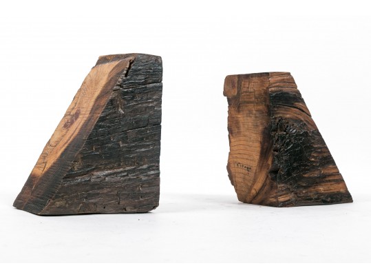 Pair Carved Natural Wood Book Ends