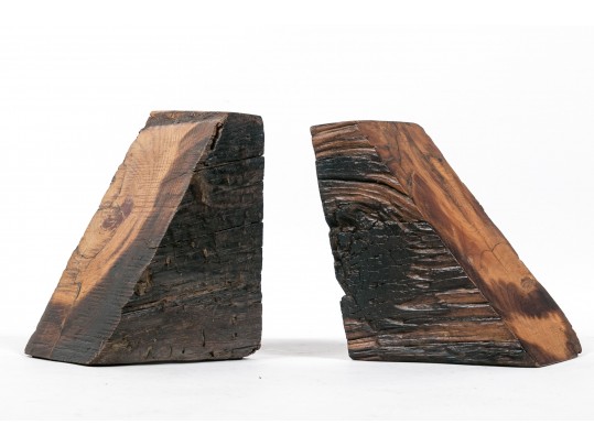 Pair Carved Natural Wood Book Ends