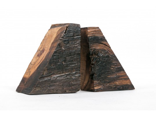 Pair Carved Natural Wood Book Ends