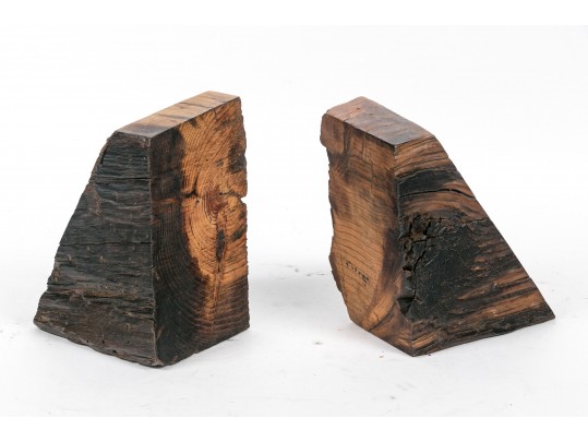 Pair Carved Natural Wood Book Ends