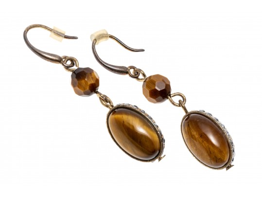 Beautiful Faceted And Cabachon Tigers Eye And Marcasite Drop Pendant Earrings