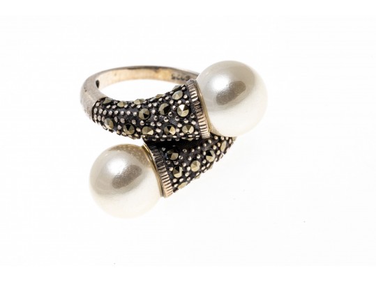 Lot Of Three Sterling And Marcasite Jewelry Pieces, Including Blue Topaz Earrings