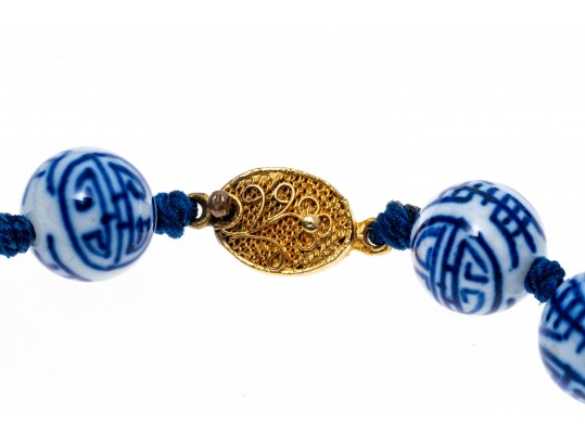 Pair Of Vintage Chinese Porcelain Blue And White Bead Matinee Length Necklaces