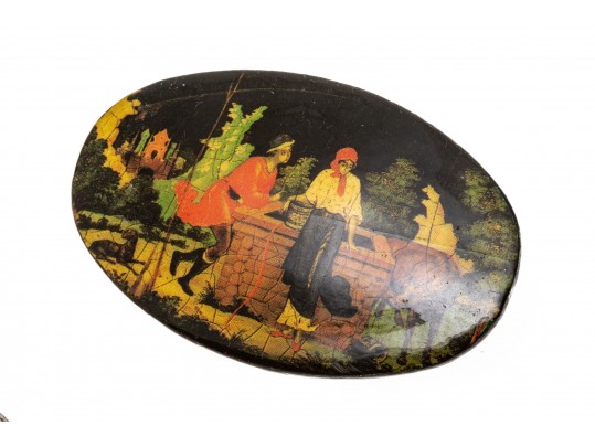 Delightful Lot Of Four Hand Painted Black Lacquer Brooches