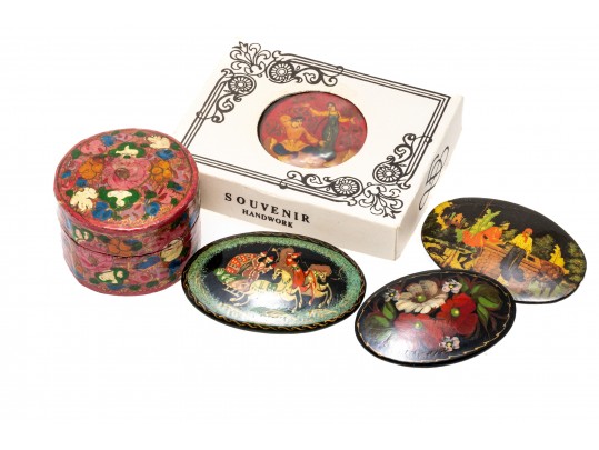 Delightful Lot Of Four Hand Painted Black Lacquer Brooches