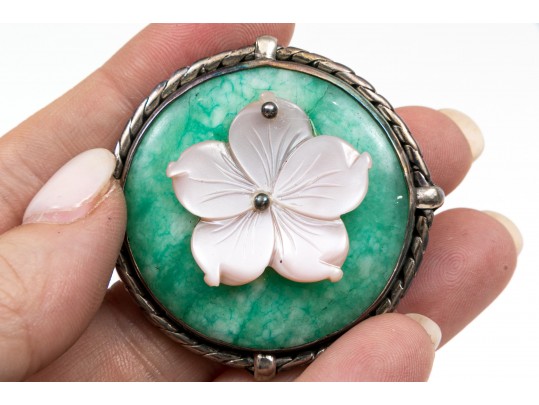 Sterling Brooch And Cultured Pearl Stud Earrings