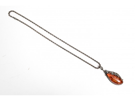 Handsome Sterling And Faux Amber Pendant Necklace