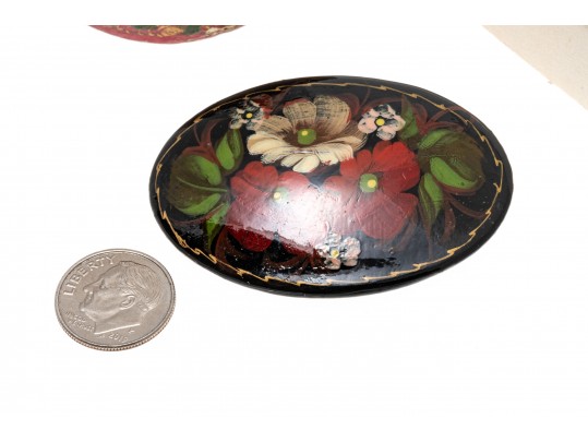 Delightful Lot Of Four Hand Painted Black Lacquer Brooches