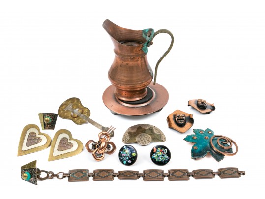 Lot Of Assorted Copper And Copper With Mixed Metal Jewelry Pieces, Plus Holloware