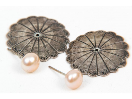 Sterling Brooch And Cultured Pearl Stud Earrings