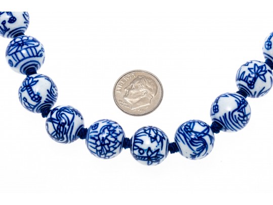 Pair Of Vintage Chinese Porcelain Blue And White Bead Matinee Length Necklaces