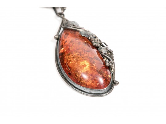 Handsome Sterling And Faux Amber Pendant Necklace