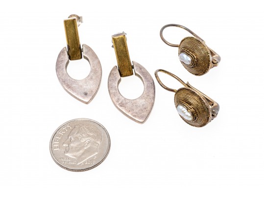 Lot Of Two Sterling Silver And Sterling And Brass Contemporary Drop Earrings
