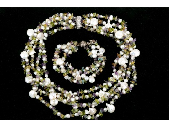 Sterling Cultured Pearl, Amethyst, Citrine And Peridot Necklace And Bracelet