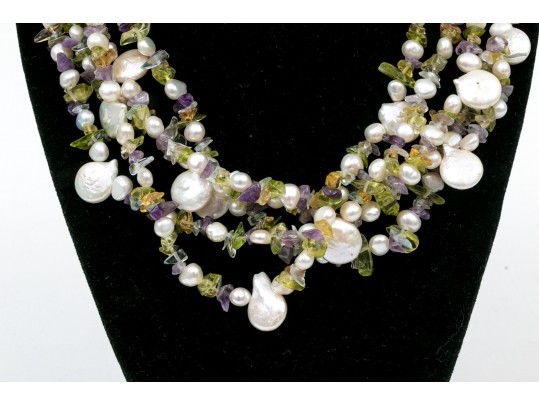 Sterling Cultured Pearl, Amethyst, Citrine And Peridot Necklace And Bracelet