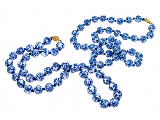 Pair Of Vintage Chinese Porcelain Blue And White Bead Matinee Length Necklaces