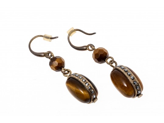 Beautiful Faceted And Cabachon Tigers Eye And Marcasite Drop Pendant Earrings