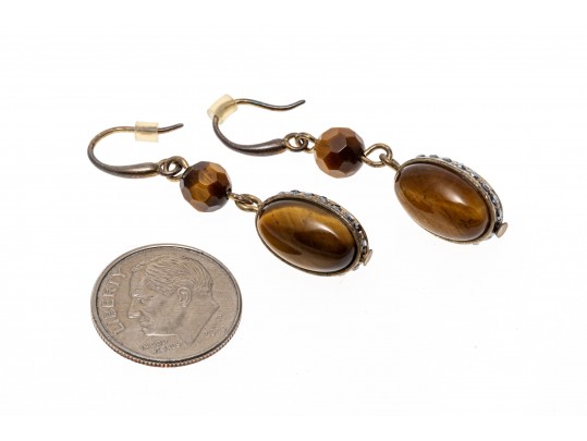 Beautiful Faceted And Cabachon Tigers Eye And Marcasite Drop Pendant Earrings