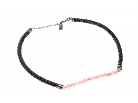 Lot Of Three Pretty Pink And Green Motif Bead And Woven Leather Necklaces