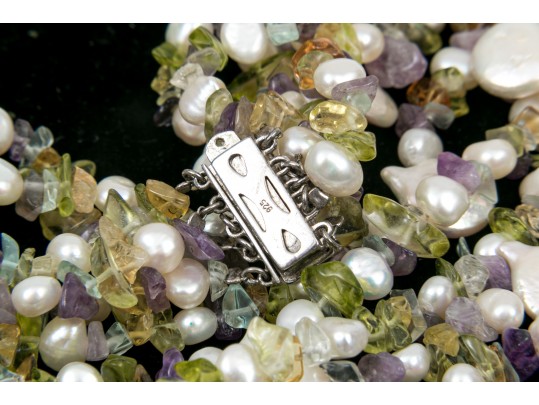 Sterling Cultured Pearl, Amethyst, Citrine And Peridot Necklace And Bracelet