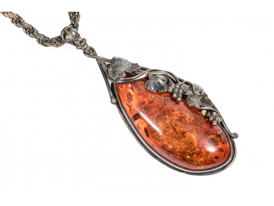 Handsome Sterling And Faux Amber Pendant Necklace