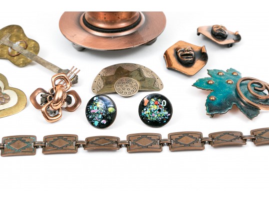 Lot Of Assorted Copper And Copper With Mixed Metal Jewelry Pieces, Plus Holloware