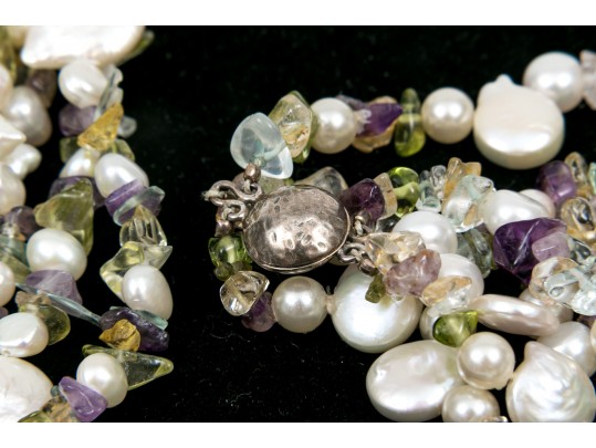 Sterling Cultured Pearl, Amethyst, Citrine And Peridot Necklace And Bracelet