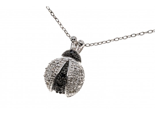 Charming Sterling Silver Black And White Diamond Ladybug Pendant