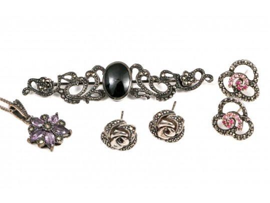 Sterling And Marcasite Earrings, Necklace And Bar Pin