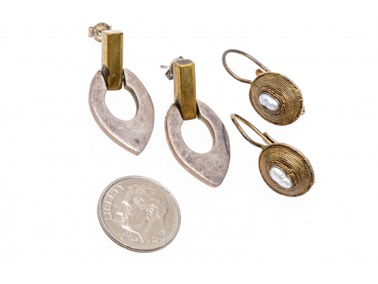 Lot Of Two Sterling Silver And Sterling And Brass Contemporary Drop Earrings