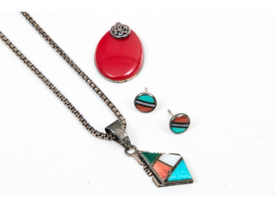 Sterling Pendants And Necklace With Stud Earrings