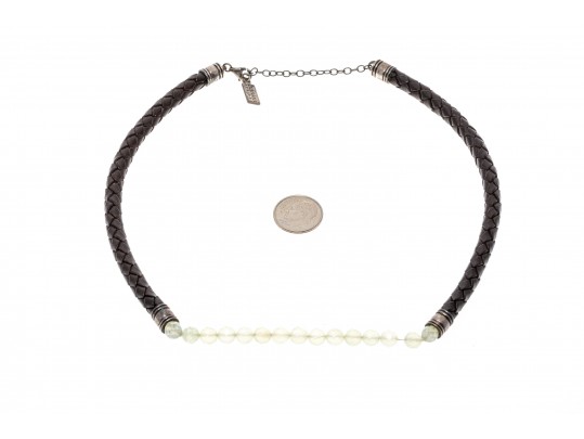 Lot Of Three Pretty Pink And Green Motif Bead And Woven Leather Necklaces